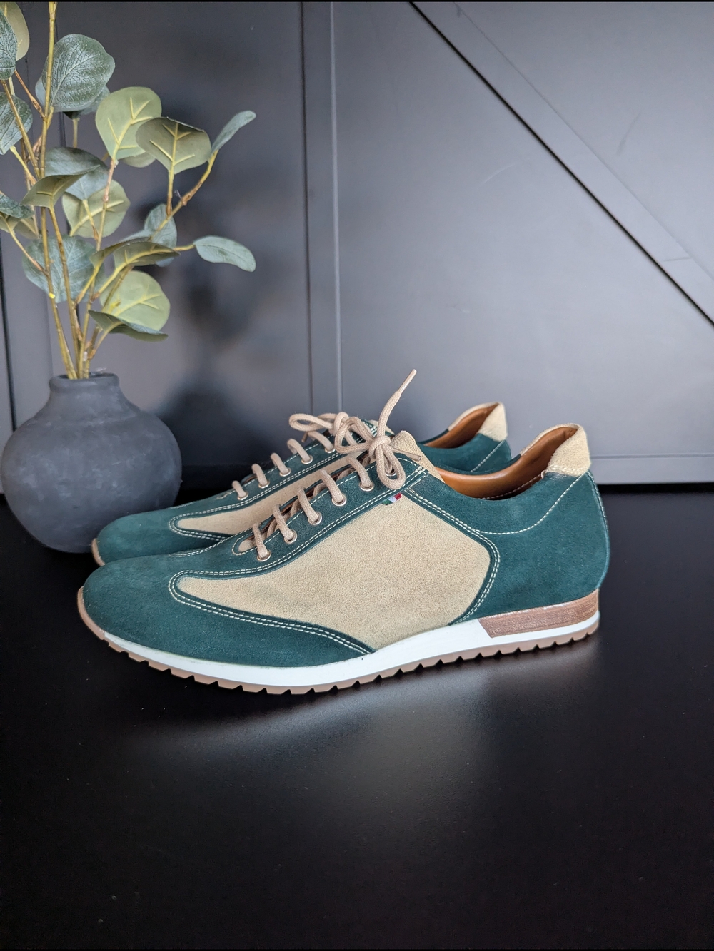 AÑELL Men's Suede Low-Profile Sneakers in Teal and Beige